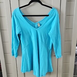 BABA 100% COTTON Turquoise Long Sleeve V-Neck Top PTP 19